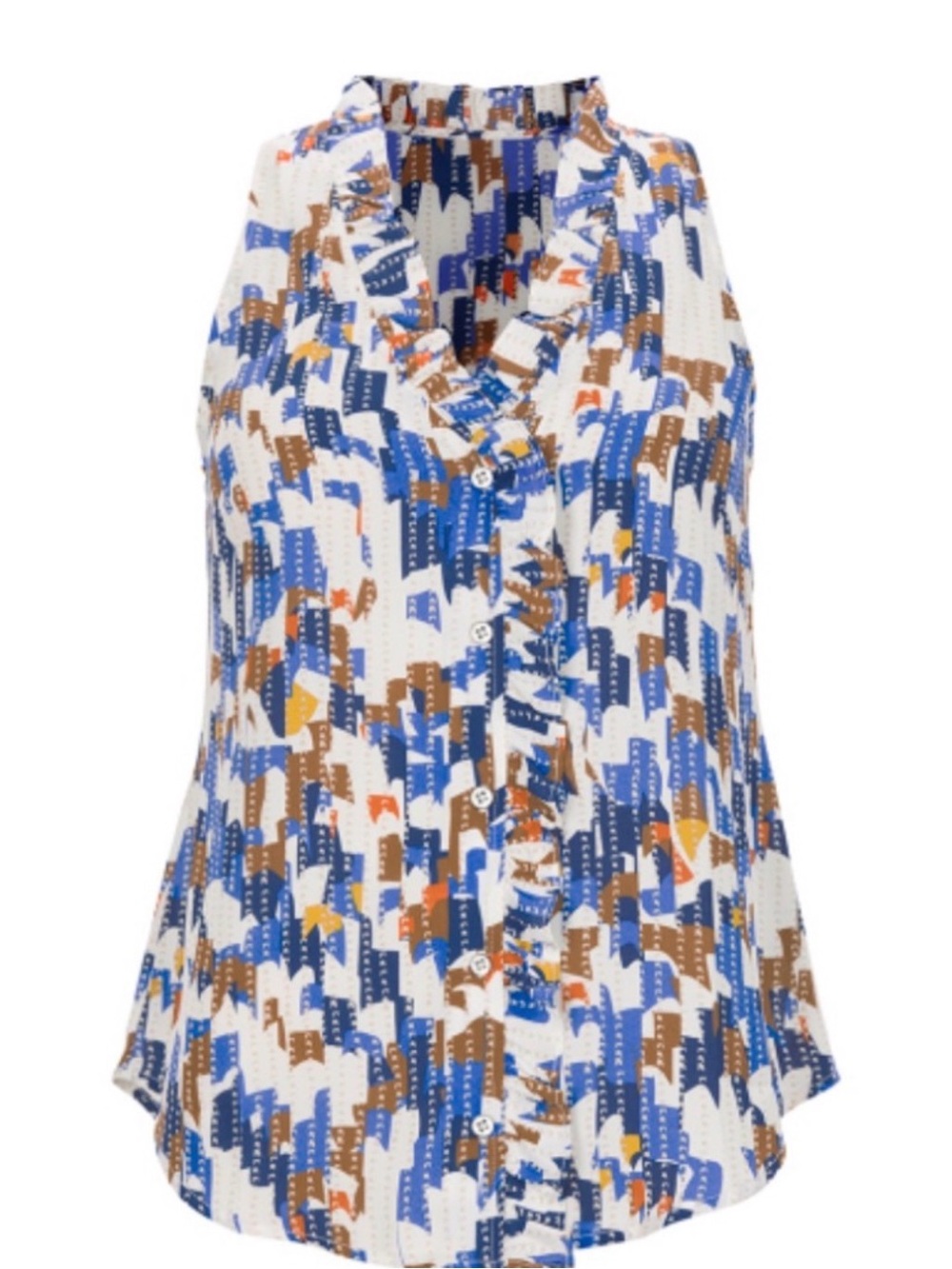 Cabi Jigsaw Sleeveless Ruffle V-Neck Printed Blouse - Blue White Brown